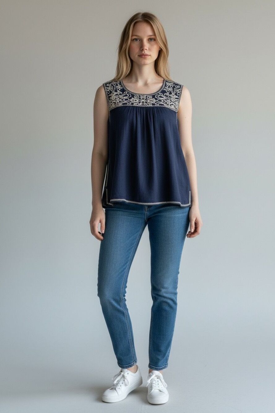 THML Christy Embroidered Navy Sz SP Top